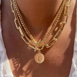 Pendant Necklaces Vintage Punk Gold-plate Thick Chain Head Portrait Coin Necklace For Women Fashion Multilevel Geometric Hip Hop Jewellery