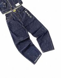 Uomo Fi Straight Gamba larga Jeans larghi Y2k Hip Hop Retro Lettera Ricamo Wed Pantaloni blu denim Cargo Jeans Streetwear V32B #