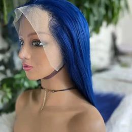 Glueless Blue Straight 13x4 HD Full Lace Frontal Wigs Human Hair Wig for Women Sky Dark Blue 13x4 HD Lace Front Human Hair Wigs