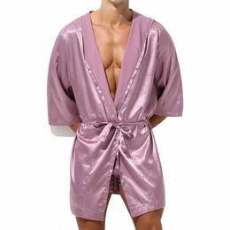 men's Silk Satin Hooded Robes Half Sleeve Slip Causal Lg Bathrobe Tracksuit Loungewear Sleepwear Bathrobe Night Gown for Men t213#