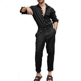 summer Thin Men's Cargo Jumpsuit Pants Overalls Lg Sleeve Butt-Down Rompers Solid Colour Workwear Overalls z9Q6#