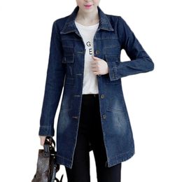 Autumn Winter Korean Denim Jacket 5XL Women Slim Long Base Coat Womens Frayed Navy Blue Casual Female Jeans Jackets Coats 240313