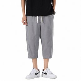 new Summer Men's Loose Casual Pants Solid Colour Cropped Pants Fi Cott Linen Sports Trousers Pants 62pl#