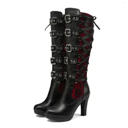 Boots Women Classic Gothic Wide Calf Autumn And Winter Vintage Knee High Thick Heel Belt Lace Up Boot Female 2024