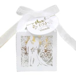 Calligraphy 50/100/200pcs Wedding Bridegroom Bride Gift Boxes Ribbons Party Thank You Guests Candy Packaging Small Chocolate Box Wholesale