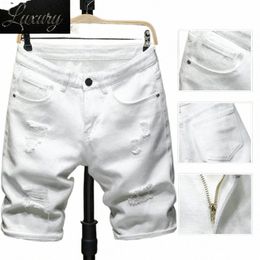 new Summer White black Men Ripped Hole Denim Shorts Slim Casual Knee Length Short Straight Jeans Bermuda for men j3Py#