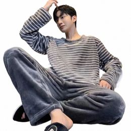 winter Lg Sleeve Thicken Warm Flannel Pajama Sets For Men Coral Veet Cute Carto Sleepwear Suit Male Casual Home Clothes v27G#