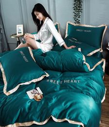 Home Textile Golden rim satin silk bedding set embroidery bed set duvet cover sheet flat or fitted bed sheet queen king8030686