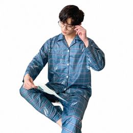 men's cott Pyjamas sleepwear Lg-sleeved Trousers Suits for Spring and Autumn Pijamas Cheque print Pyjamas for Men Homewear pj X3UC#