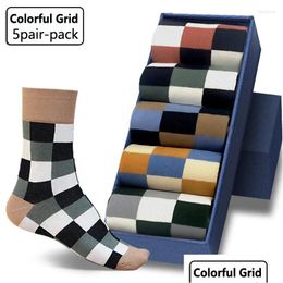 Mens Socks 5Pair-Pack Colorf Grid Sock Casual Business High Quality Happy Combed Cotton Fashion Gentleman Men Drop Delivery Apparel Un Otrds
