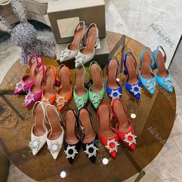 Amina muaddi sandals Dress Shoes Satin pointed slingbacks Bowtie pumps Crystal-sunflower high heeled shoe Designer Luxury Womens Party Wedding Shoes size 35-42