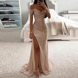 Elegant Off The Shoulder Sequins Mermaid Bridesmaid Dresses Ruched High Thigh Split Blingbling Wedding Guest Maid of Honour Dresses BC18214 0326