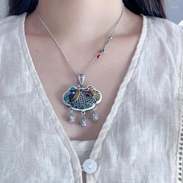 Chains In Classic 925 Silver Carp Fish Lotus Tassel Necklace For Women Ethnic Style Blue Double Sided Pendant Jewellery Gift