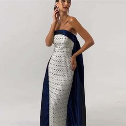 Blue Sharon Strapless White Navy sa Dubai aftonklänningar med Cape Midi Arabic Women Wedding Party -klänningar 2024 SS422