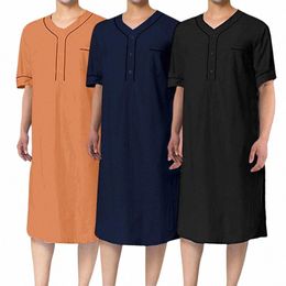 men Robe V-neck Short Sleeve Casual Nightgown Patch Pocket Solid Colour Mid-calf Length Sleep Robe Leisure Nightdr Home Wear f9gE#