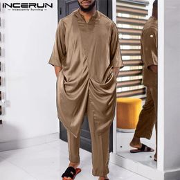Men's Tracksuits Men Muslim Sets Satin Solid Colour Islamic Arabic V Neck Half Sleeve Kaftan Jubba Thobe & Pants 2PCS 2024 Suits S-5XL