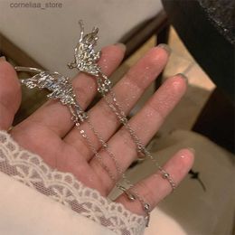 Ear Cuff Ear Cuff Kpop silver metal fairy wings butterfly long tassel clip earrings suitable for women and teenagers Cool ear cuffs Party jewelry Y240326