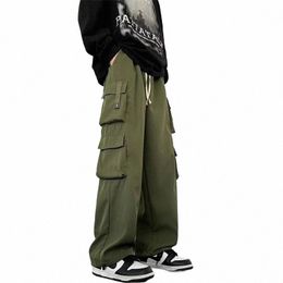 2024 Men Outdoor Multiple Pockets Cargo Pants Spring Casual Drawstring Baggy Wide-leg Trousers Hip Hop Fi Pantales F010#