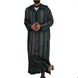 Ethnic Clothing Muslim Men Striped Robe Hooded Jubba Thobe Islamic Adts Kamis Homme Musman Dubai Turkey Male Abaya Dress S Drop Delive Otjqu