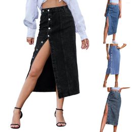Skirts Women's Clothing European And American Button Irregular Slit Denim High Waist Long Skirt Casual Showing Figure
