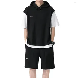 Men's Tracksuits Waffle Fabric T-shirt Shorts Set Men Loungewear Casual Sport Outfit With Hooded Drawstring Top Elastic For Active