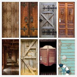 Stickers Retro Wooden Door Stickers Self adhesive PVC 3D Wallpaper For Doors Living Room Bedroom Home Decor Mural Wall Poster Door Decals