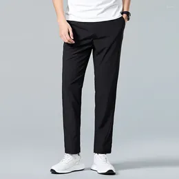Men's Pants Spring Autumn Elastic High Waisted Solid Drawstring Pockets Casual Suit Straight Leg Sports Trousers Office Lady