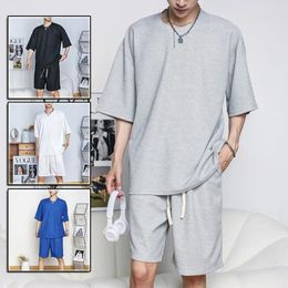 Men's Tracksuits Waffle Short-Sleeve O-Neck T-Shirt And Shorts Casual Sports Suits Summer Tracksuit Men Clothing M-5XL 2024 2 Pcs Set