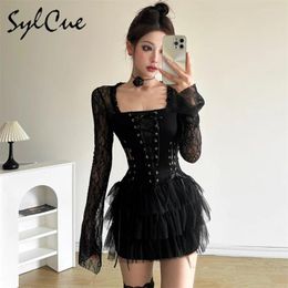 Casual Dresses Sylcue Black Retro Mysterious Sexy Mature Beautiful Sweet Gentle Personality Women Drawstring Laminated Ruffled Tutu Dress