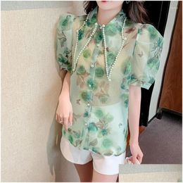 Womens Blouses Shirts Summer Diamond Point Collar Render Print Organza Shirt Sleeve Single-Breasted Slim Chiffon Tops Drop Delivery Ap Ot7Xy