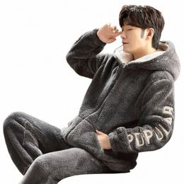 2023 New Men Pyjamas Autumn Winter Coral Veet Padded Hooded Loungewear Warm Flannel Cott-padded Jacket Homewear Suit O4fk#