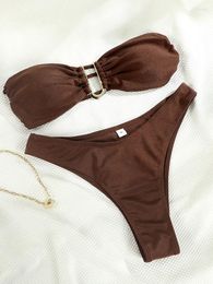 Women's Swimwear Brown Color Bikini Set Solid Swimsuit Women Bandeau Two Piece Suits U Neck Beachwear Hollow Out Biquini