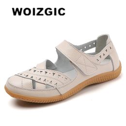 WOIZGIC Female Women Mother Genuine Leather Hollow White Shoes Sandals Flats Loafers Summer Cool Beach Plus Size 41 42 240318