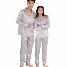silk Satin Men Pyjamas Set Fi Sleepwear Couple Solid Colour Lg Sleeve Suit Spring Autumn Silky Nightgown Robe Clothes 96bt#