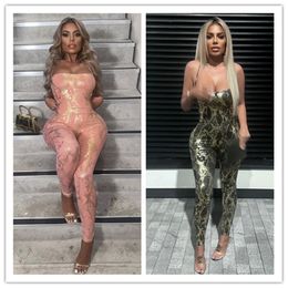 2024 Designer Sexy Backless Jumpsuits Women Summer Halter Rompers Fashion Printing Bandage Jumpsuits One Piece Leggings Night Club Wear Wholesale Clothes 10842