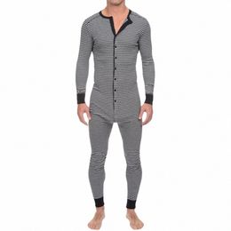 men Skinny Striped Jumpsuit 2021 Lg Sleeve O Neck Butts Romper Sleepwear Overall Homewear Pyjamas Sets Underwear q6Xr#