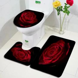 Mats Red Rose Bath Mat Set Nature Flowers Plant Butterfly Daisy Modern Woman Girl Bathroom Decor Carpet NonSlip Rug Toilet Lid Cover