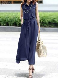 Basic Casual Dresses ZANZEA Elegant Party Long Dress Summer Lapel Sleless Shirtdress Women Solid OL Work Sundress Fashion Dstring Waist VestidoC24315