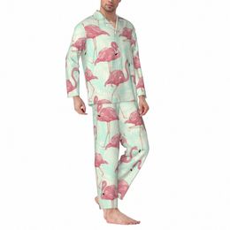 cute Flamingo Pattern Pajama Sets Autumn Tropical Animal Print Romantic Daily Sleepwear Male Two Piece Oversized Nightwear x4Na#