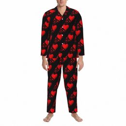 red Heart Pajama Set Valentines Day Kawaii Sleepwear Men Lg Sleeve Aesthetic Daily 2 Piece Nightwear Large Size v89C#