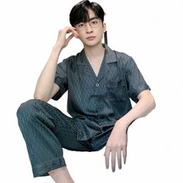 summer Ice Silk Pyjamas Men's Pants Short Sleeve Home Wear Spring Sleepwear Set Female Breathable Satin Nightwear Gentlemen E5EJ#