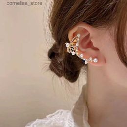 Ear Cuff Ear Cuff Korean Fashion Golden Butterfly Pearl Earrings Clip Earrings Suitable for Women Shining Crystal Perforated Long Tassel Chain Earrings Cuff Jewelr