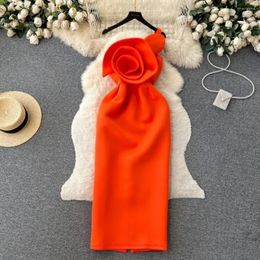 Casual Dresses Sexy Floral Diagonal Collar Evening Dress Korean Chic Slim Wrap Elegant One Shoulder Party Club Vestido Summer Women