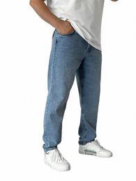 Erkekler Basit Stil Denim Pantolon Düz Renk Ekleme Gevşek Sıradan Kot Pantolon Erkek Sokak Giyim Cep Dört-deniz pantolon erkek 57gm#