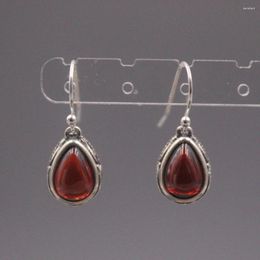 Dangle Earrings Real Solid 925 Sterling Silver Red Garnet Lucky Women Carved Water Drop