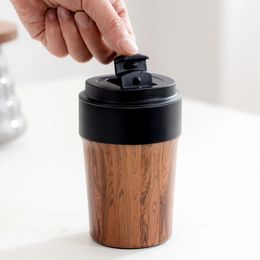 Portable Wood Grain Coffee Mug with Lids Vacuum Insulated Tumbler Thermos Cup for Keep Coffee Tea Cold Inner Ceramic Coating 240315