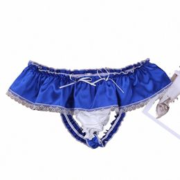 mens Sissy Lace Skirted Panties Sexy Maid Ruffled Shiny Satin Briefs Lingerie Underwear f6LR#