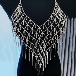 Stage Wear Dance Accessories Womens Glitter Rhinestones Body Chain Suit Silver Floral Jewelry Chain Underwear Bikini Bra