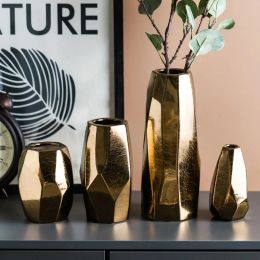 Films Nordic light luxury golden geometric irregular vase European and American electroplating ceramic dried flower decor ornaments