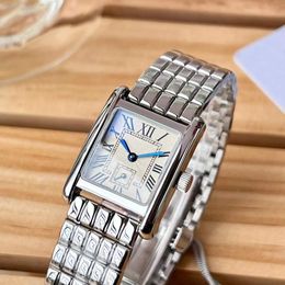 Classic New Multifunction Quartz Stopwatch Stainless Steel Rectangle Watches Romen Number Clock Female Blue Pointer Wristwatch Zircon Bezel Design 22mm